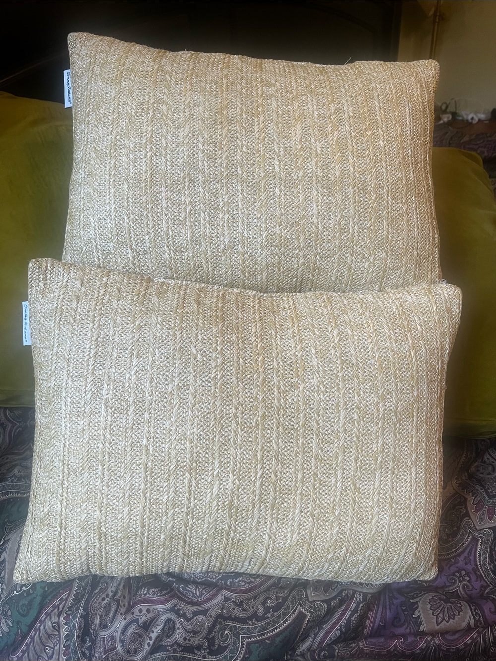 Tommy Bahama Faux Raffia Woven Cream-Tan Throw Pillows - Set of 2
